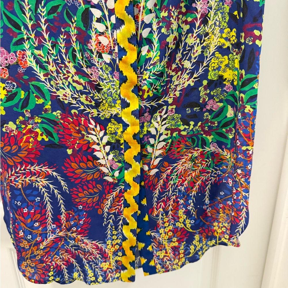 SALONI Multicolor Floral Long Sleeve Silk Dress with Yellow Trim - Picture 3 of 5